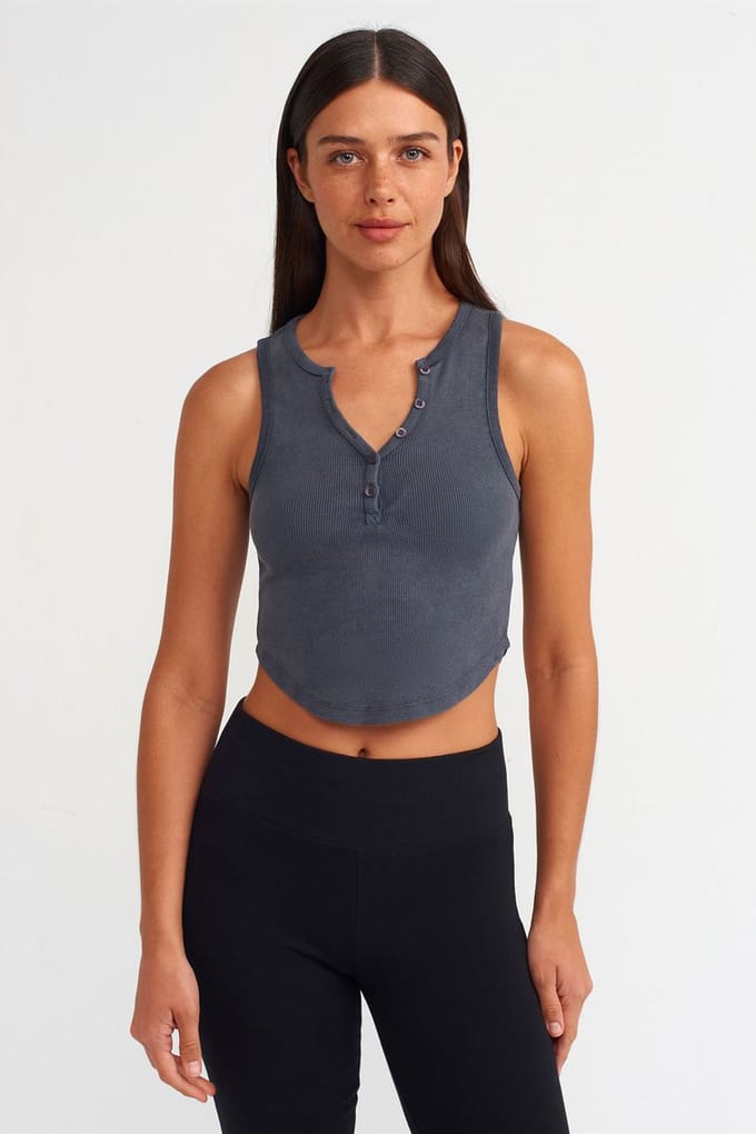 Dames Geribde Crop Blouse Met Knopen
