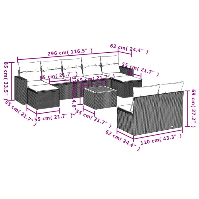 vidaXL - 10-delige - Loungeset - met - kussens - poly - rattan - grijs