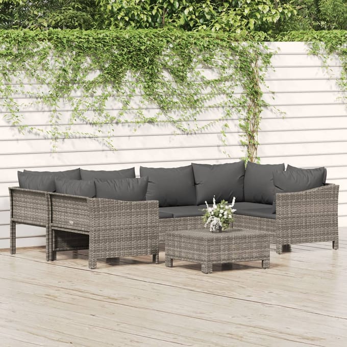 vidaXL - 7-delige - Loungeset - met - kussens - poly - rattan - grijs