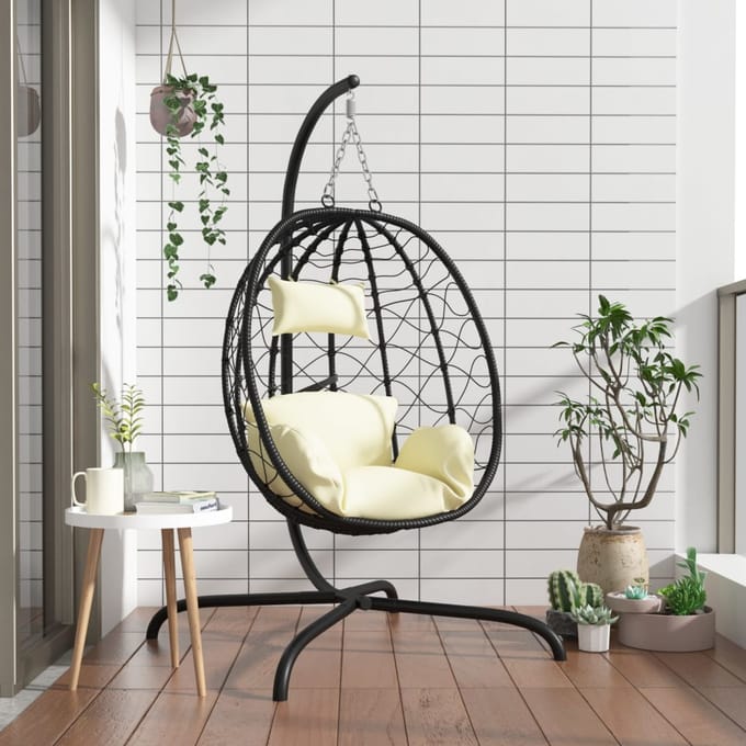 vidaXL - Hangende - Ei-stoel - met - Kussen - Crèmewit - Poly - Rattan - & - Staal