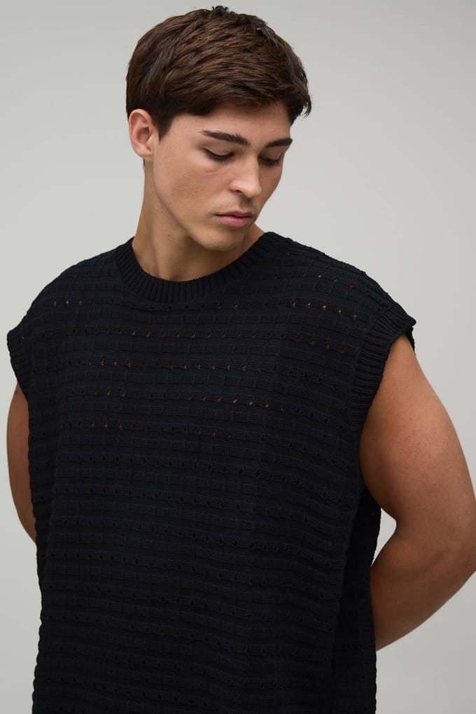 Oversized Open Steek Katoenmix Gebreide Tanktop En Short Set | Black | Size Medium