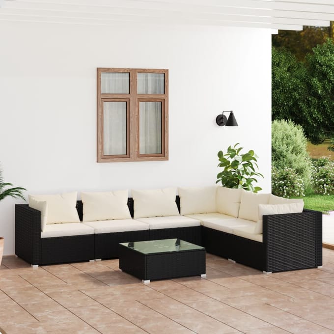 vidaXL - 7-delige - Loungeset - met - kussens - poly - rattan - zwart