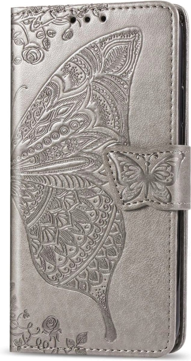 Hoesje geschikt voor iPhone 16 Plus - Bookcase - Pasjeshouder - Portemonnee - Vlinderpatroon - Kunstleer - Grijs