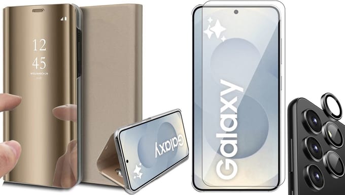 Hoesje geschikt voor Samsung Galaxy S25 - Screenprotector Glas & Camera - Spiegel Book Case Goud