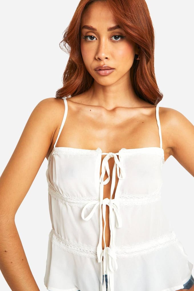 boohoo Dames Tie Cami met kanten afwerking | Wit | Maat: 38