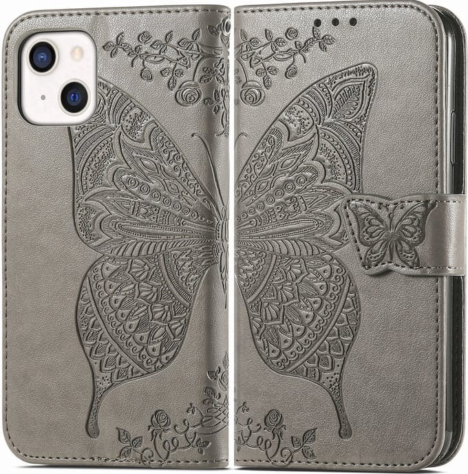 YPCd Bookcase geschikt voor Apple iPhone 14 - Vlinder Design - Portemonnee / Wallet Hoesje - Grijs