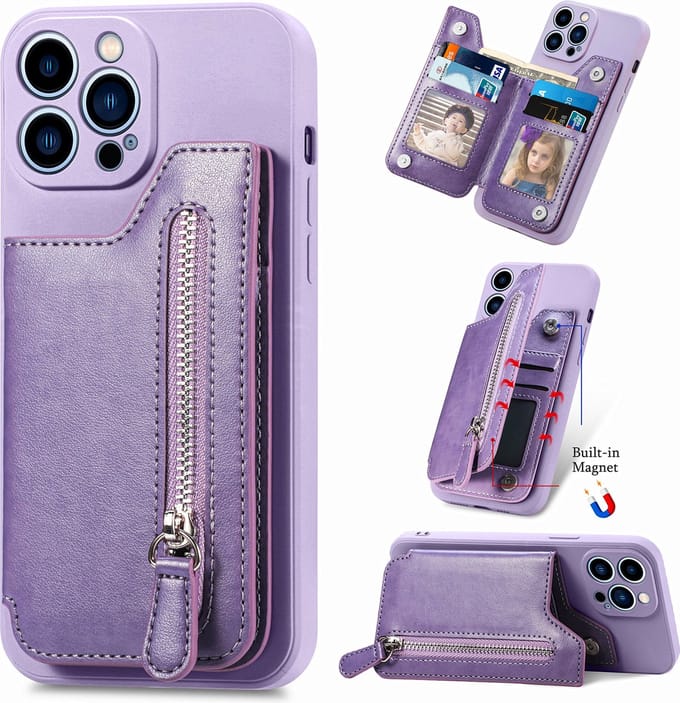 Luxe Hybride Rits Card&Cash Wallet Case + PMMA Screenprotector voor iPhone 14 Plus _ Paars