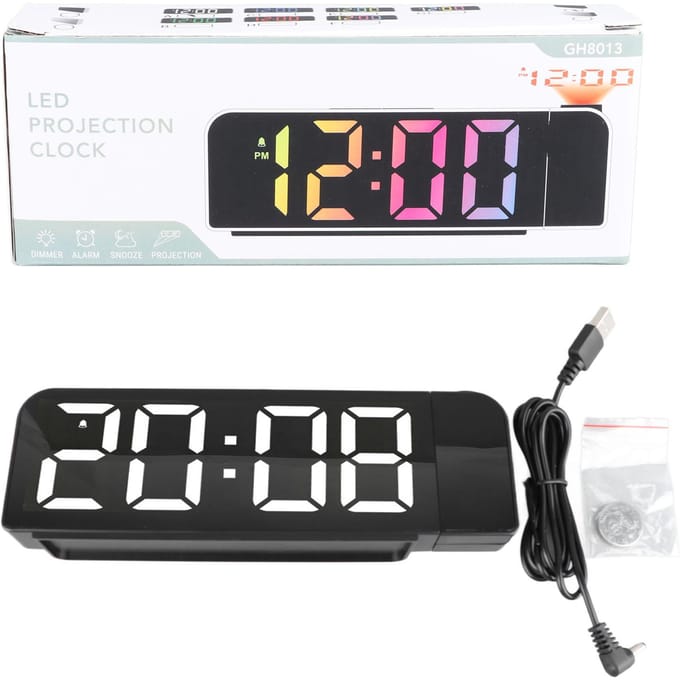 Réveil à Projection Grand Affichage Minuteur Température Opération Facile Minimaliste Heure Date LED white