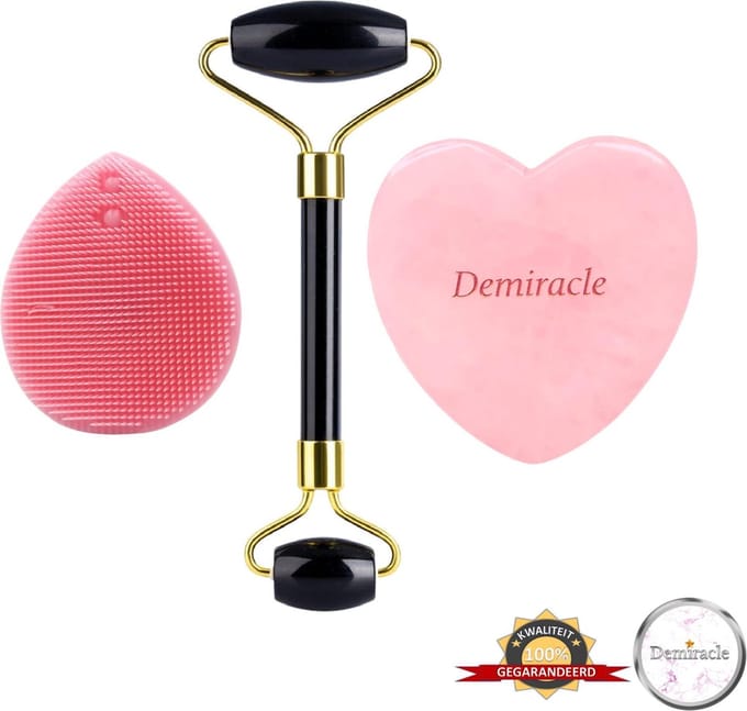 Demiracle® Face Roller & Gua Sha Love Bundle met Roze Siliconen Gezichtsborstel – Black Obsidian – Rose Quartz – Face Rollers – Gezichtsmassage – Massagetools – Massage - Ontspanning – Kwaliteit