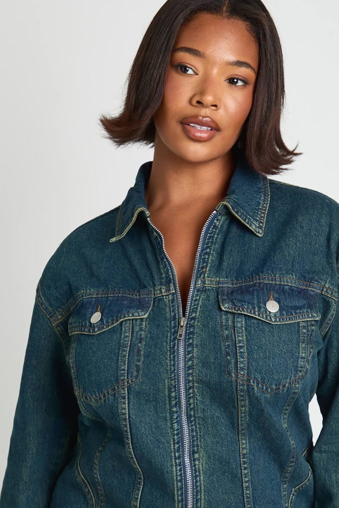 boohoo Dames Plus Denim Zip Up Shift Dress | Vintage Wash | Maat: 20