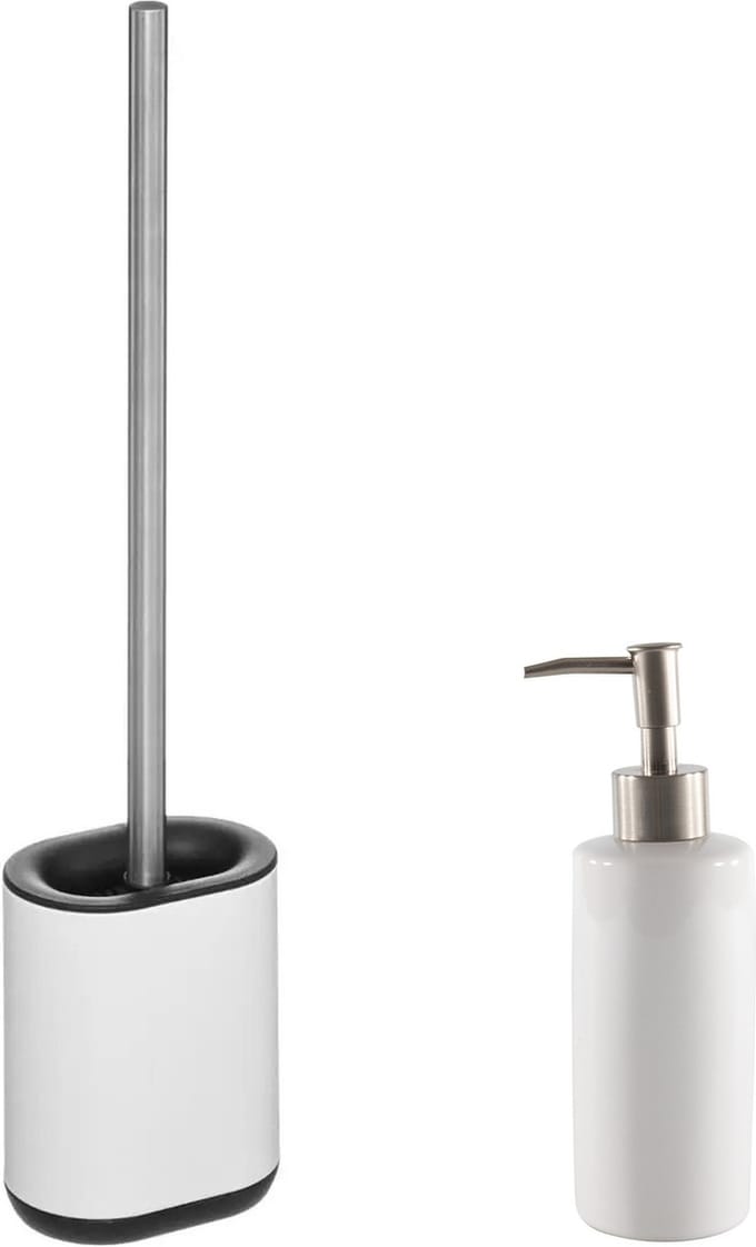 5Five - WC-/toiletborstel plat in houder - wit - Zeeppompje 400 ml