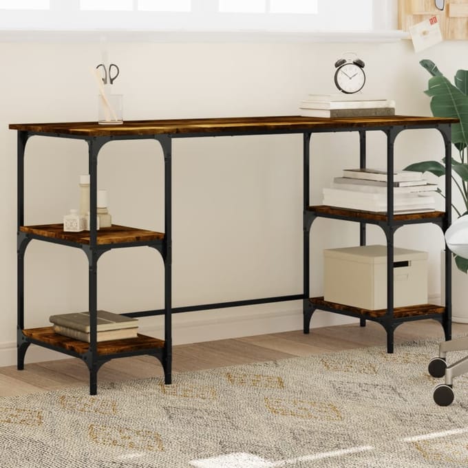vidaXL - Bureau - 140x50x75 - cm - metaal - en - bewerkt - hout - gerookt - eikenkleurig