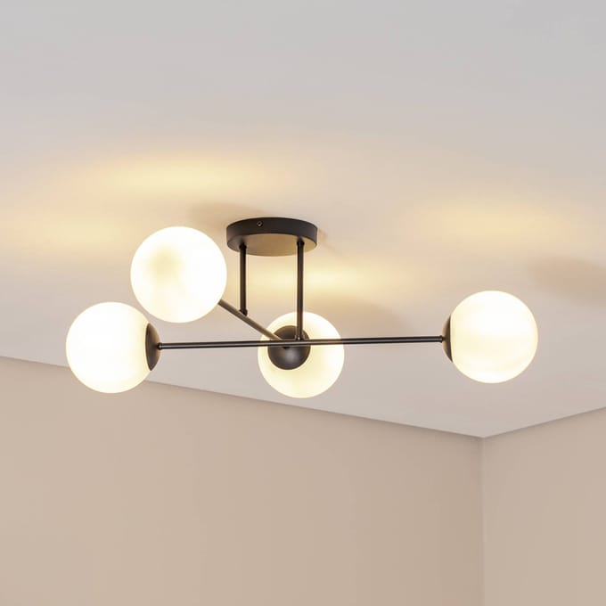 Euluna - plafondlamp - 4lichts - Staal, glas - H: 26 cm - E14 - zwart, wit opaal