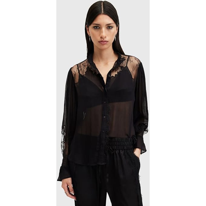AllSaints Rory Lace Shirt Black Größe: 2 | Blusen Outlet | Damen | Schwarz