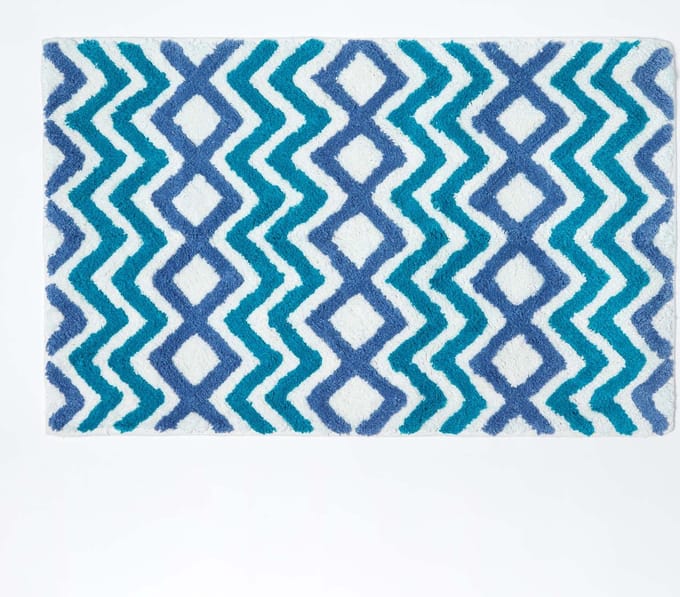 Homescapes Chevron Antislipbadmat 100% katoen, blauw, turkoois, wit