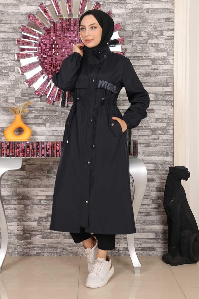 Capuchon Jas With Tekst Detail Marineblauw
