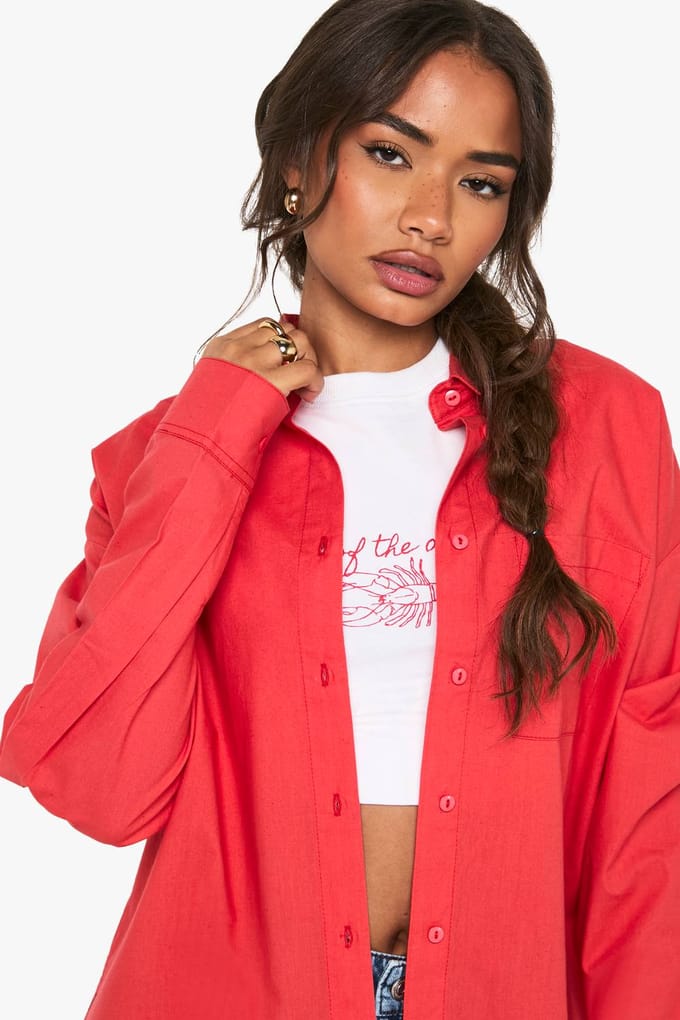 boohoo Dames Cotton Poplin Oversized Shirt | Red | Maat: 6