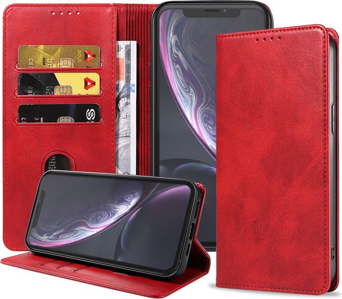 Smartphonica iPhone Xr leren hoesje met magnetische sluiting - Rood geschikt voor Apple iPhone XR