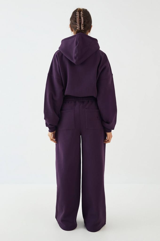 Dames DSGN Studio Badstof Applique Boxy Hoodie met Rits | Aubergine | Maat: Medium