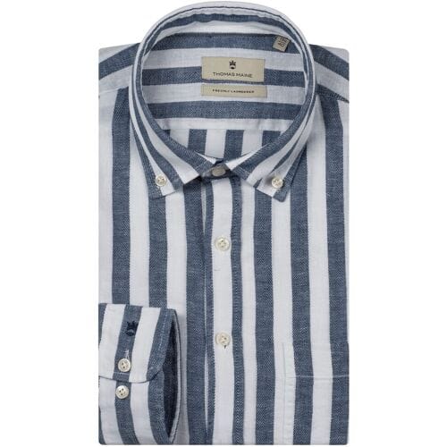 Thomas Maine Overhemd Torino Button Down Cotton Linnen Stripe Navy / male