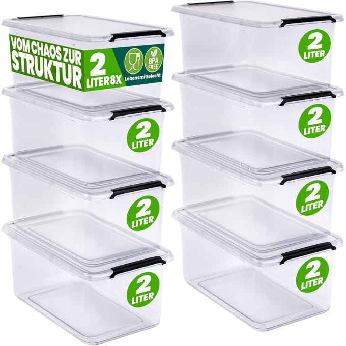 DEUBA Opbergbox Set van 8 - 2l BPA Vrij Stapelbaar - 19,5x15x11,5cm