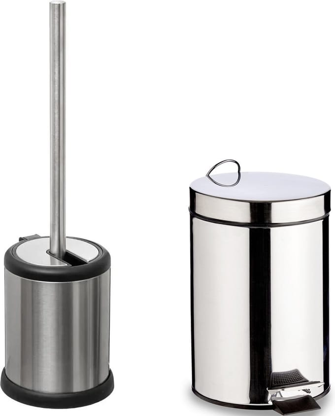 5Five - WC/Toiletborstel houder zilver rvs 39cm en pedaalemmer 5 liter