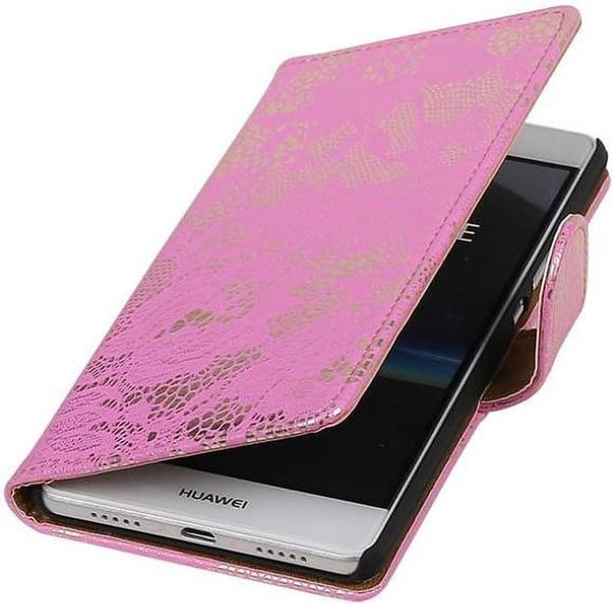 Bloem Bookstyle Wallet Case Hoesjes Geschikt voor Huawei P9 Roze