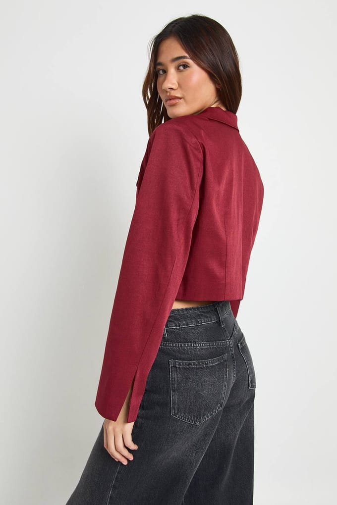 boohoo Dames Boxy Crop Blazer | Burgundy | Maat: 8
