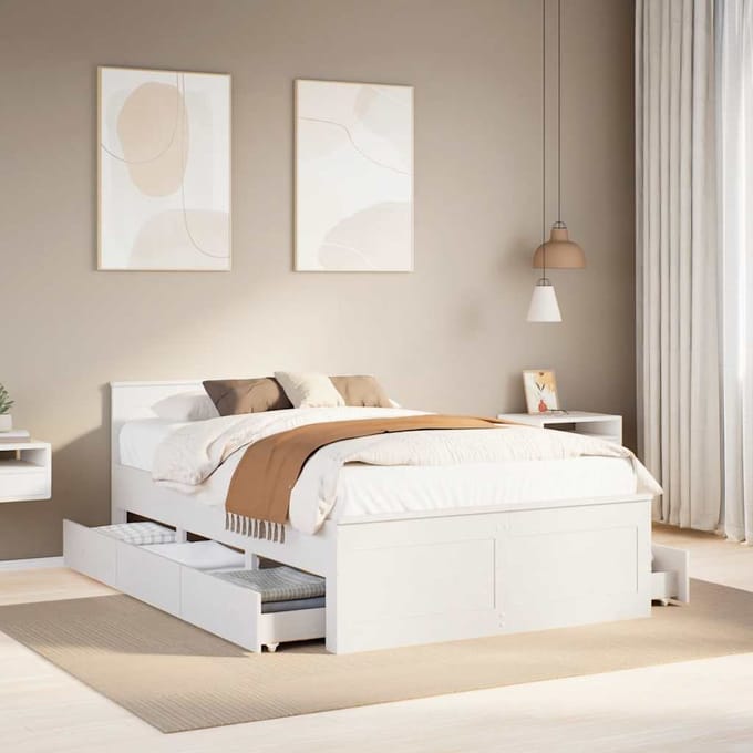 vidaXL - Bedframe - zonder - matras - met - hoofdbord - grenenhout - wit - 135x190 - cm
