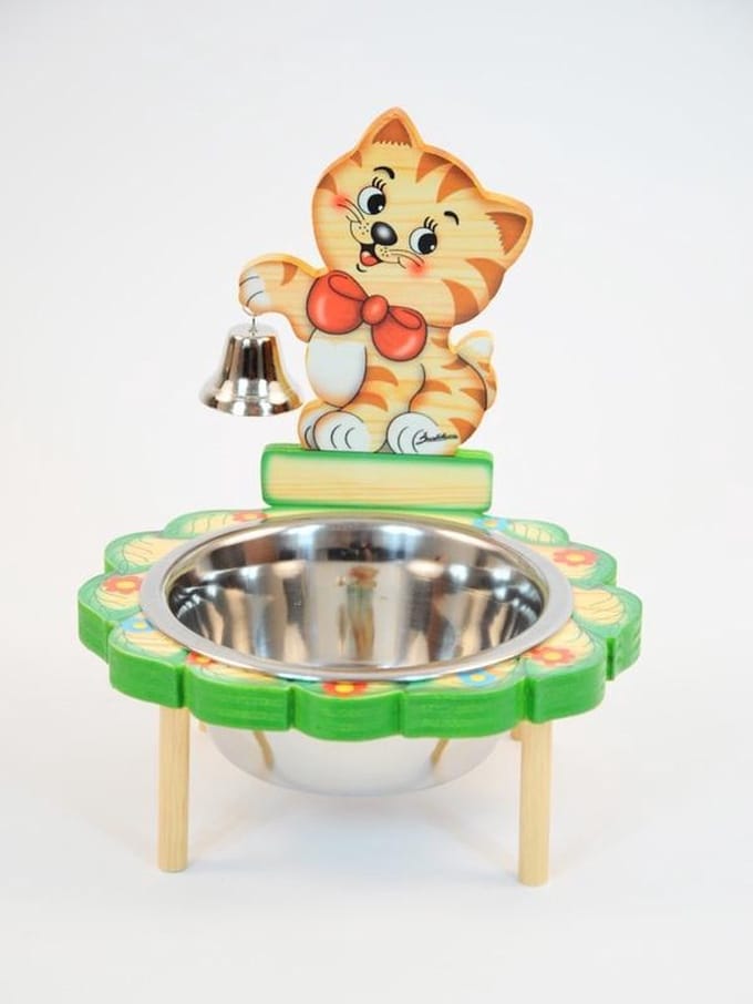 Poezen - Katten voer / drinkbak hout met belletje | Bartolucci