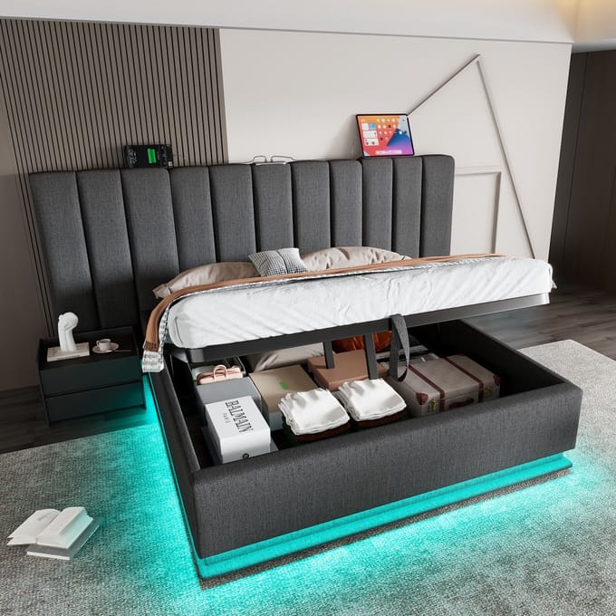 MODFU Bedframe 180x200 cm – Grijs linnen met 360° LED & 3 USB/Type-C – Hydraulisch