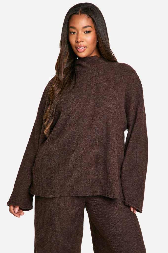 boohoo Dames Plus Soft Rib Slouchy Trui & Wijde Broek | Chocoladebruin | Maat: 46