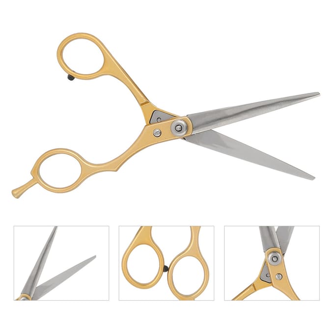 Professionele kappersschaar, kappersschaar, familiesalon, platte tanden, kappersgereedschap, goudkleurig gray