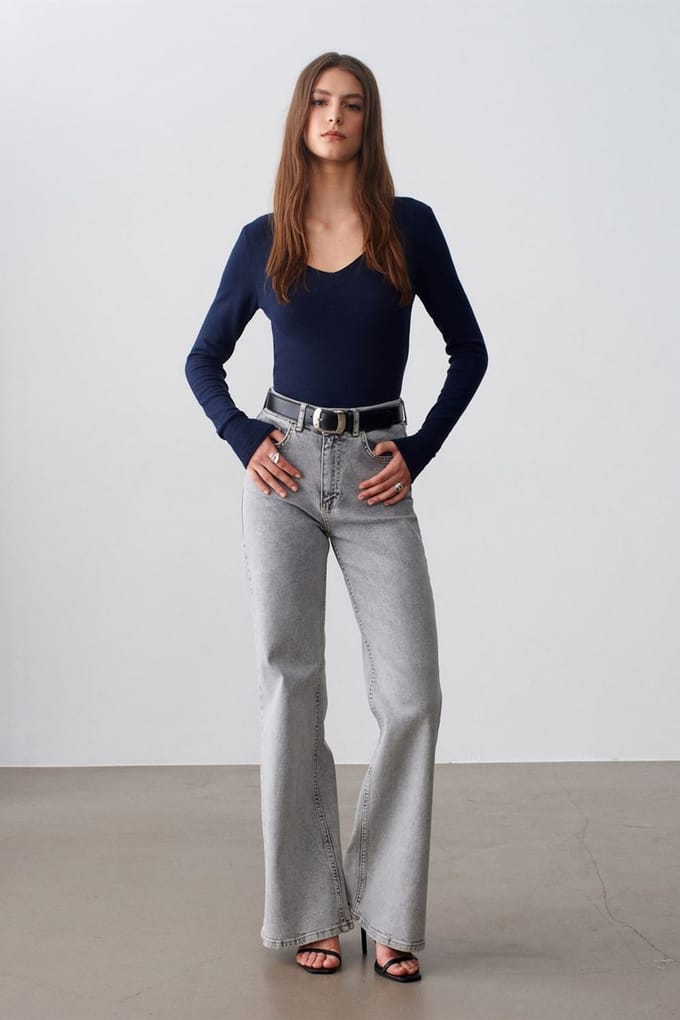Slim Fit V-hals Geribbelde Gebreide Trui