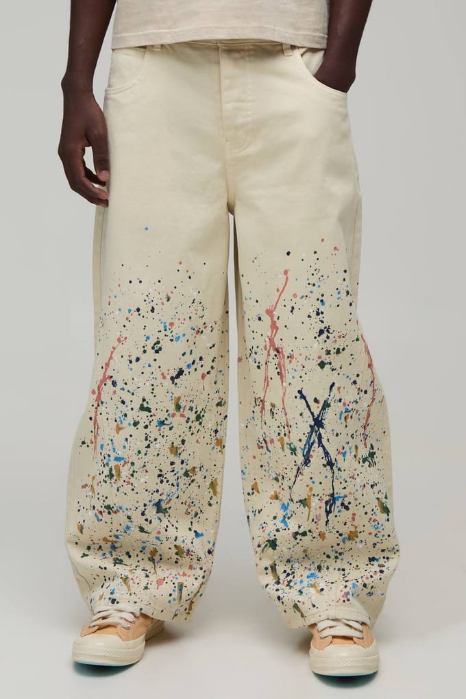 Barrel-pijp Broek Met Gebogen Naad En Verfspetters | Ecru | Size Medium