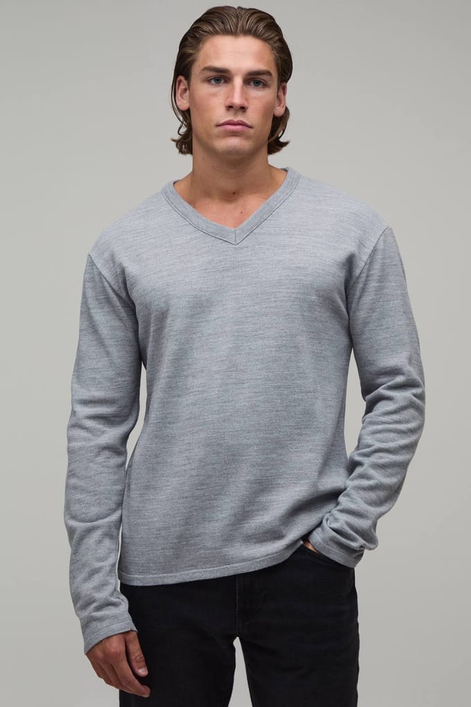 Regular Fit Gebreid T-shirt Met V-hals En Zachte Touch | Grey | Size Small