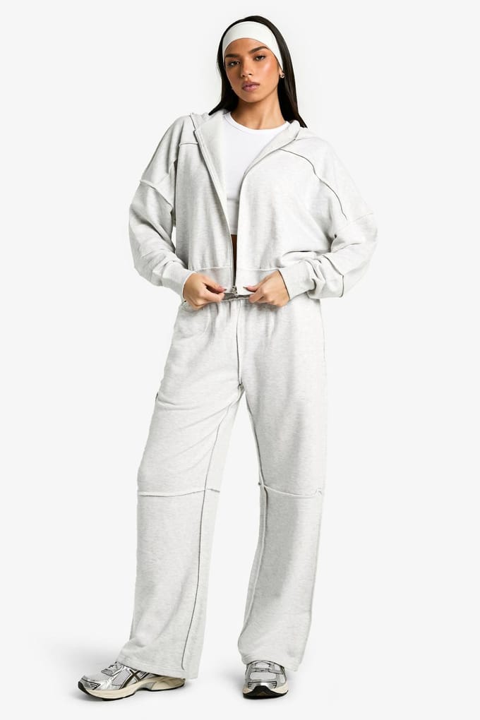 boohoo Dames Jogger met blootgelegde naad en wijde pijpen | Ash Grey | Maat: Large