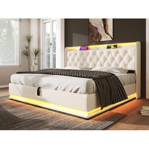 ModernLuxe Opbergbed van kunstleer 180x200cm - met LED- en USB- en Type-C-aansluitingen - Wit