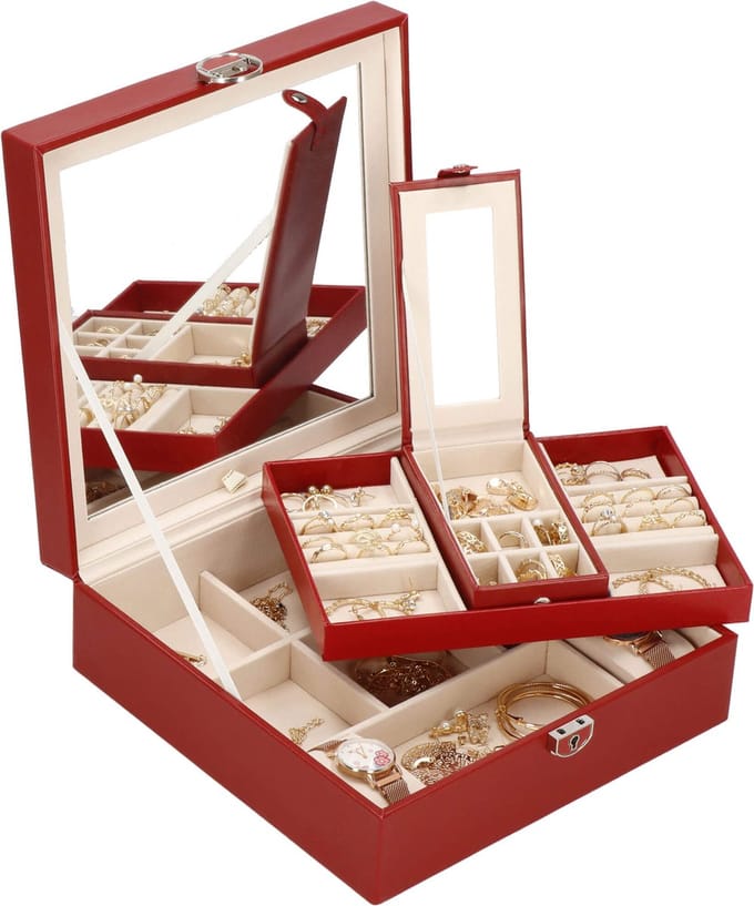 Springos Sieradendoos - Juwelendoos - 2 Lagen - 25 x 25 x 8.5 cm - Bordeauxrood