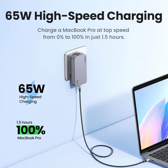 UGREEN 65W Galliumnitride-oplader PD Multi-Port Type-C snellaadkop, compatibel met Apple 16, MacBook Pro en notebooks zwart