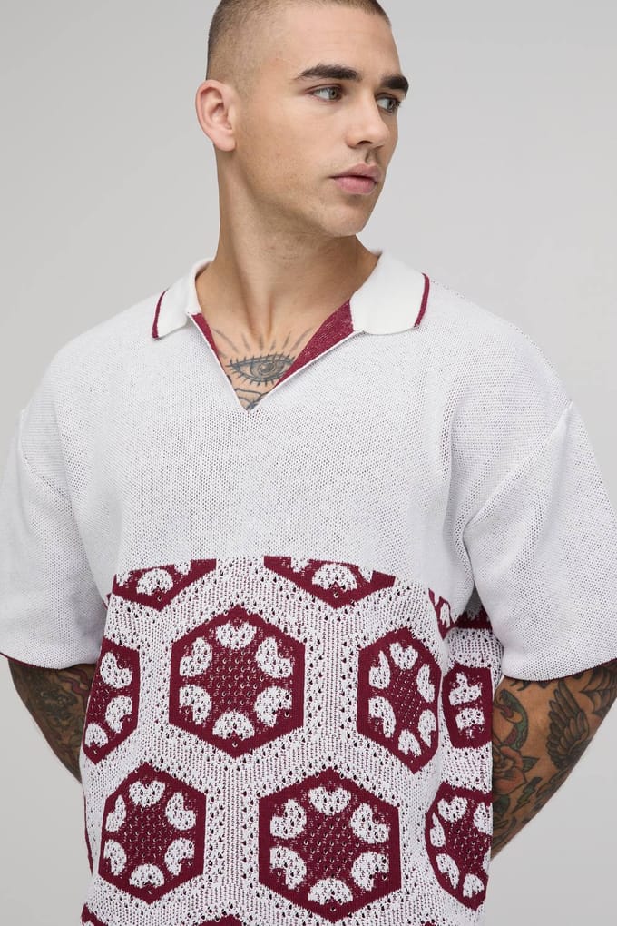 Oversized Boxy Spliced Crochet Tapestry Knitted Polo T-Shirt | Taupe | Size Medium