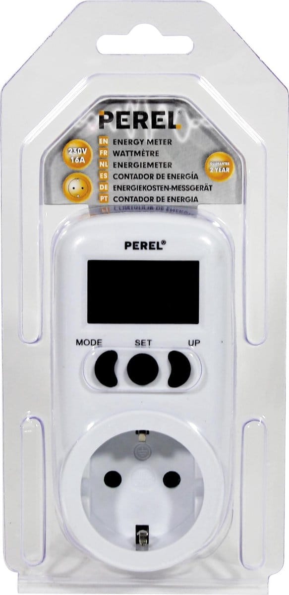 Perel Energiemeter, lcd-scherm, 230 V, 16 A, 3600 W, Duitse aarding type F, wit
