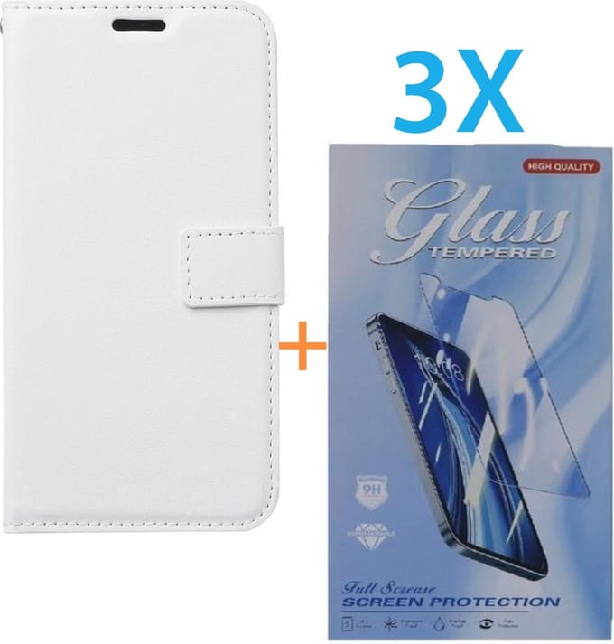 Bookcase Geschikt voor: Apple iPhone 16 - Wit - portemonnee hoesje - + 3X Tempered Glass Screenprotector