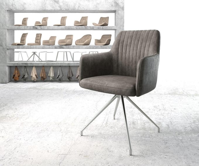 Gestoffeerde-stoel Greg-Flex kruisframe conisch roestvrij staal microvelours antraciet vintage pocketveer kern