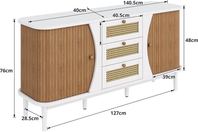 Dressoir, ladekast van rotan, ladekast met schuifdeuren, verstelbare planken, gebogen bovenblad