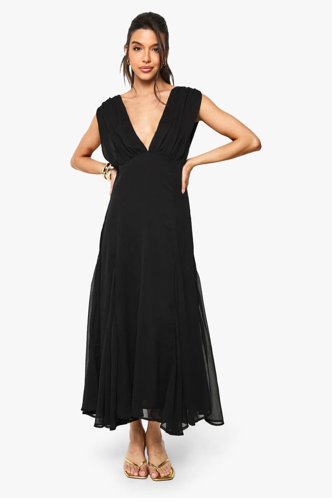 boohoo Dames Chiffon Engelmouw Splitdetail Maxi Jurk | Zwart | Maat: 36
