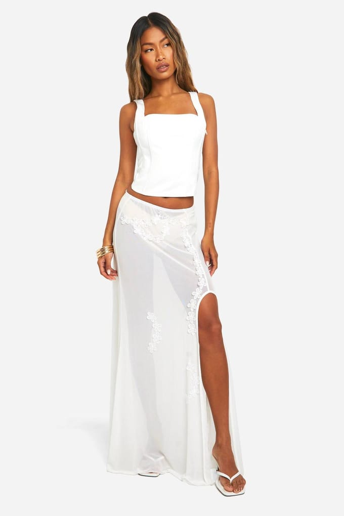 boohoo Dames Mesh Bloemen Geborduurde Maxi Rok | Wit | Maat: 42