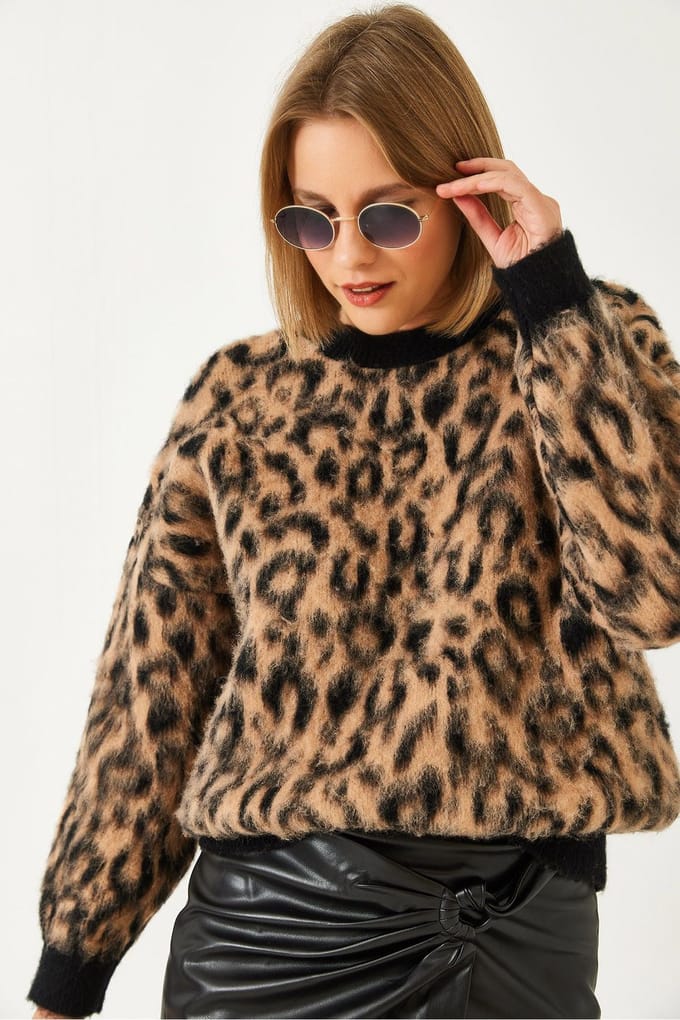 Leopardprint Trui met Ronde Hals