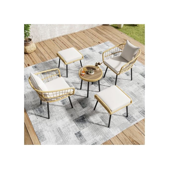 Ensemble de jardin lounge 5 pièces, composé de 1 table à manger, 2 chaises, 2 tabourets, meubles, rotin, naturel