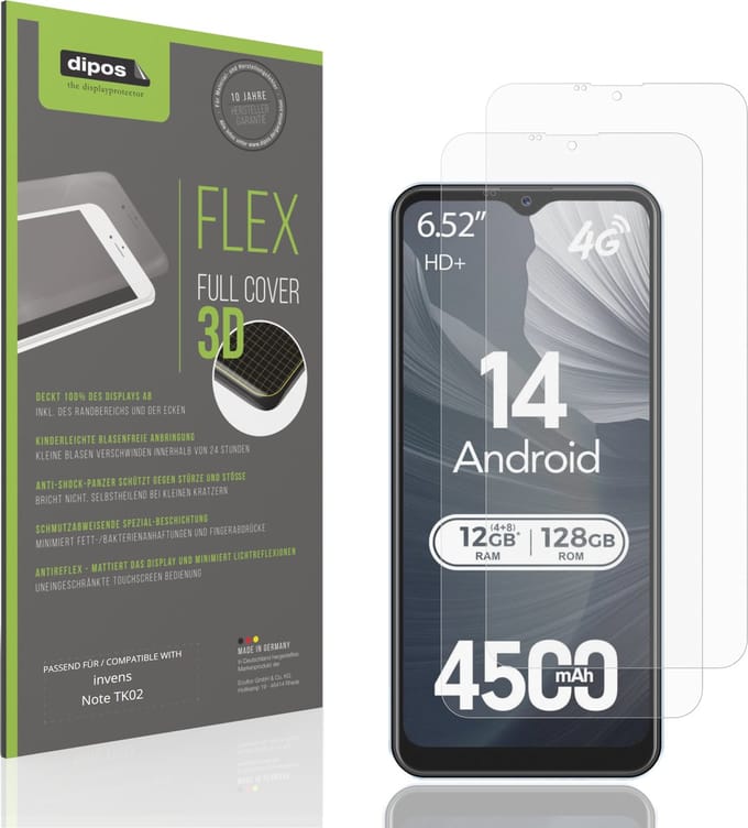 dipos FLEX – 2x Matte Screenprotector geschikt voor invens Note TK02 | Volledige Schermbescherming | Case-Friendly